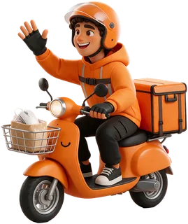 Ilustración de un domiciliario de Pideme en moto saludando