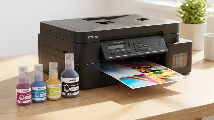 Impresora Brother de tanque de tinta con sus cuatro botellas de tinta sobre un escritorio de madera
