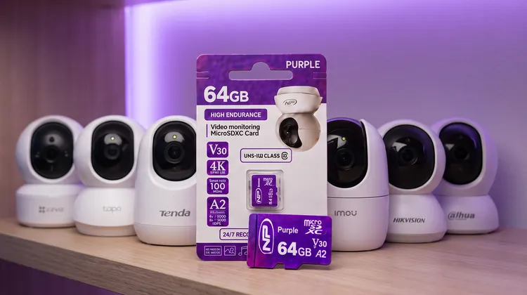 Memoria micro SD NP Purple junto a cámaras de seguridad en una repisa