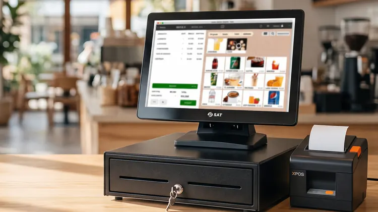 Terminal de punto de venta con cajón monedero e impresora de recibos XPOS sobre el mostrador de un café