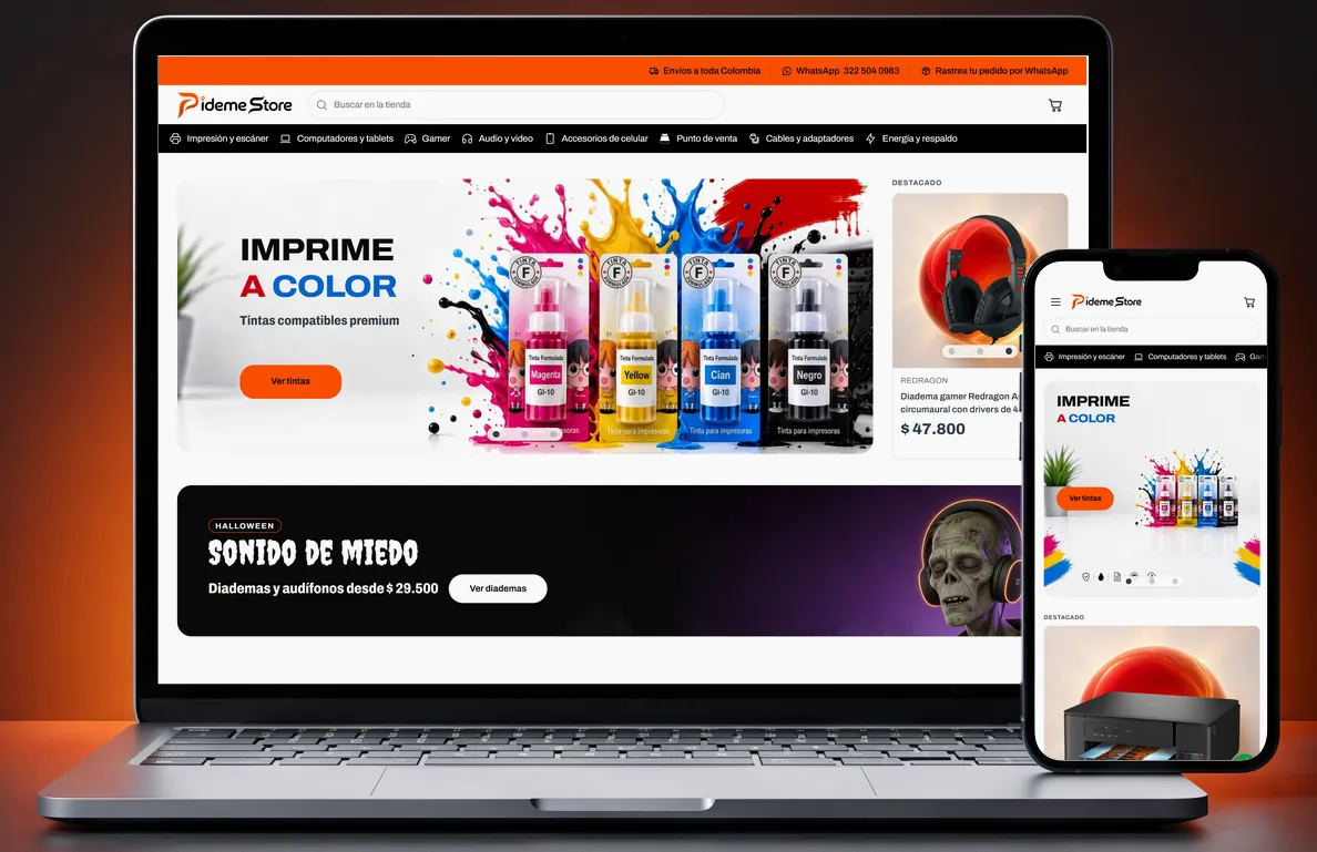 Tienda Pideme Store abierta en un computador y un celular